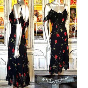 Vintage Betsey Johnson New York 90s Black Floral Red Rose Milkmaid Slip Dress S